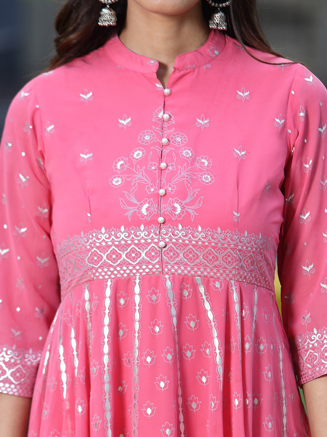 Juniper Womens Coral Georgette Foil Printed Circular Kurta Dress With Solid Palazzo Set | Grocsy