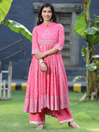 Juniper Womens Coral Georgette Foil Printed Circular Kurta Dress With Solid Palazzo Set | Grocsy