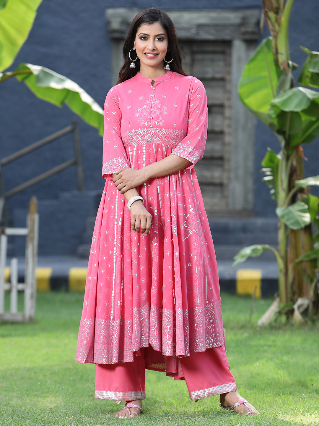 Juniper Womens Coral Georgette Foil Printed Circular Kurta Dress With Solid Palazzo Set | Grocsy