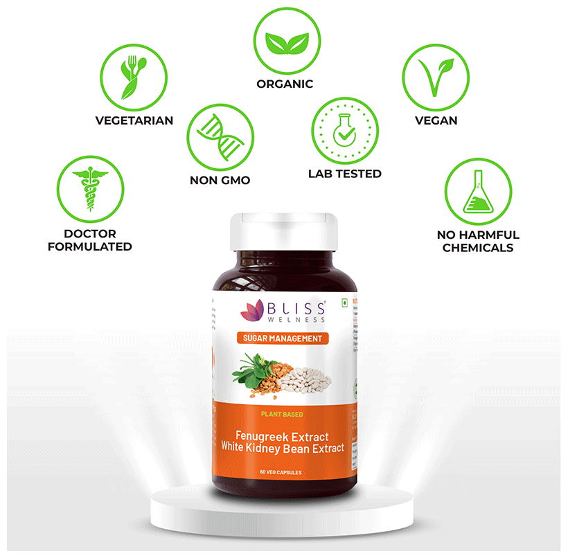 Bliss Welness Sugar Management Fenugreek White Kidney Bean Extract Veg Capsule | Grocsy
