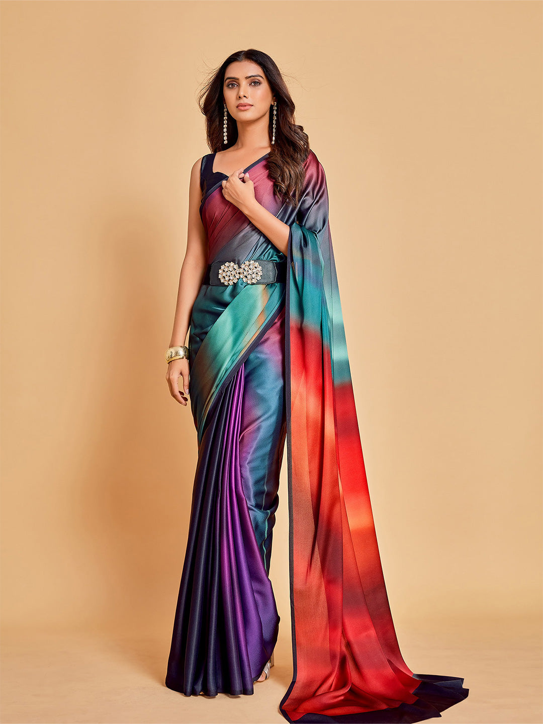 Sangria Violet & Orange Ombre Satin Saree | Grocsy