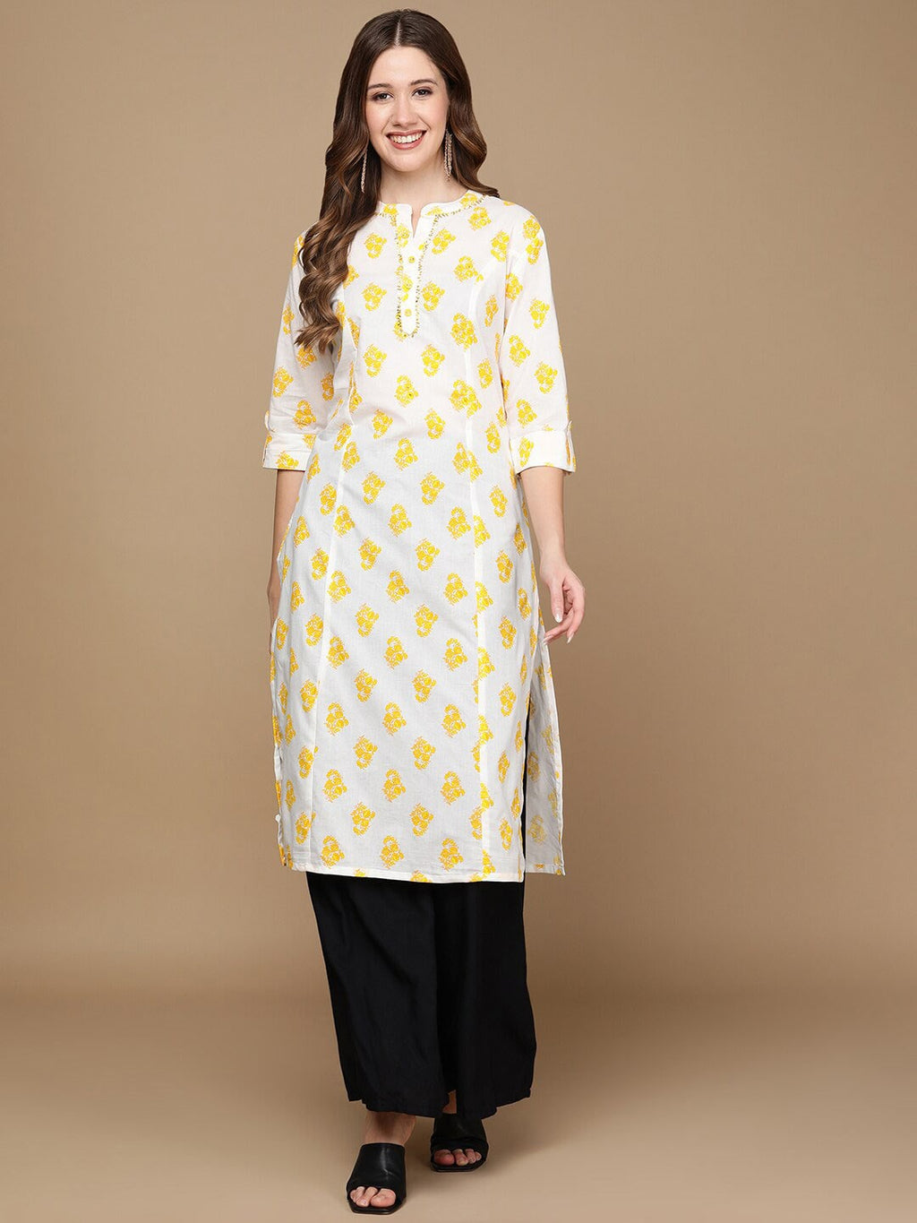 HERE&NOW White & Yellow Floral Printed Sequined Pure Cotton Kurta | Grocsy
