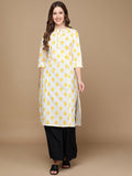 HERE&NOW White & Yellow Floral Printed Sequined Pure Cotton Kurta | Grocsy