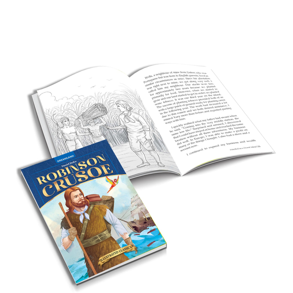 Dreamland Publications Robinson Crusoe- Illustrated Abridged Classics for Children with Practice Questions : Children Classic Fiction Book | Grocsy