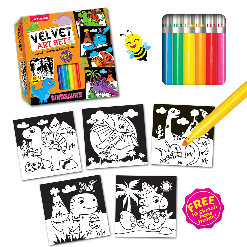 Dreamland Publications Dinosaurs - Velvet Art Set With 10 Free Sketch Pens | Grocsy