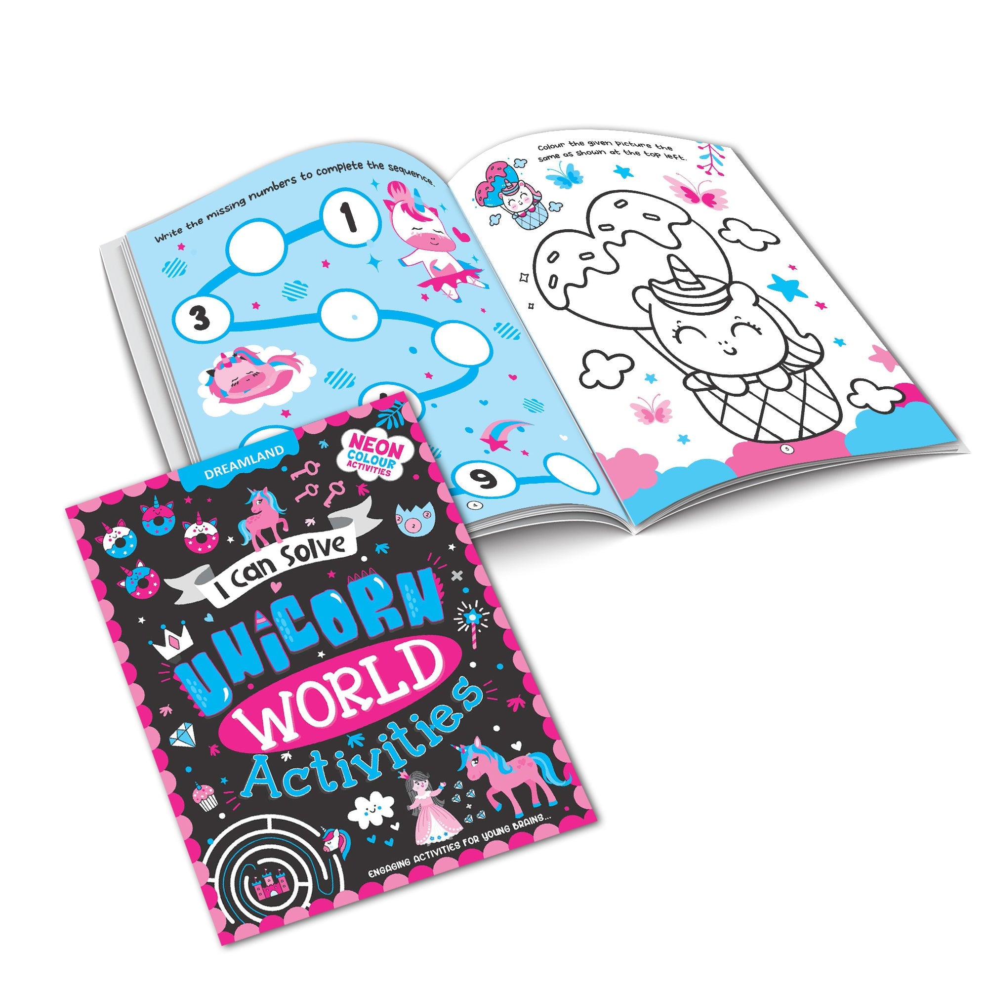Dreamland Publications Unicorn World Activities - I Can Solve Activity Book for Kids Age 4- 8 Years | With Colouring Pages, Mazes, Dot-to-Dots | Grocsy