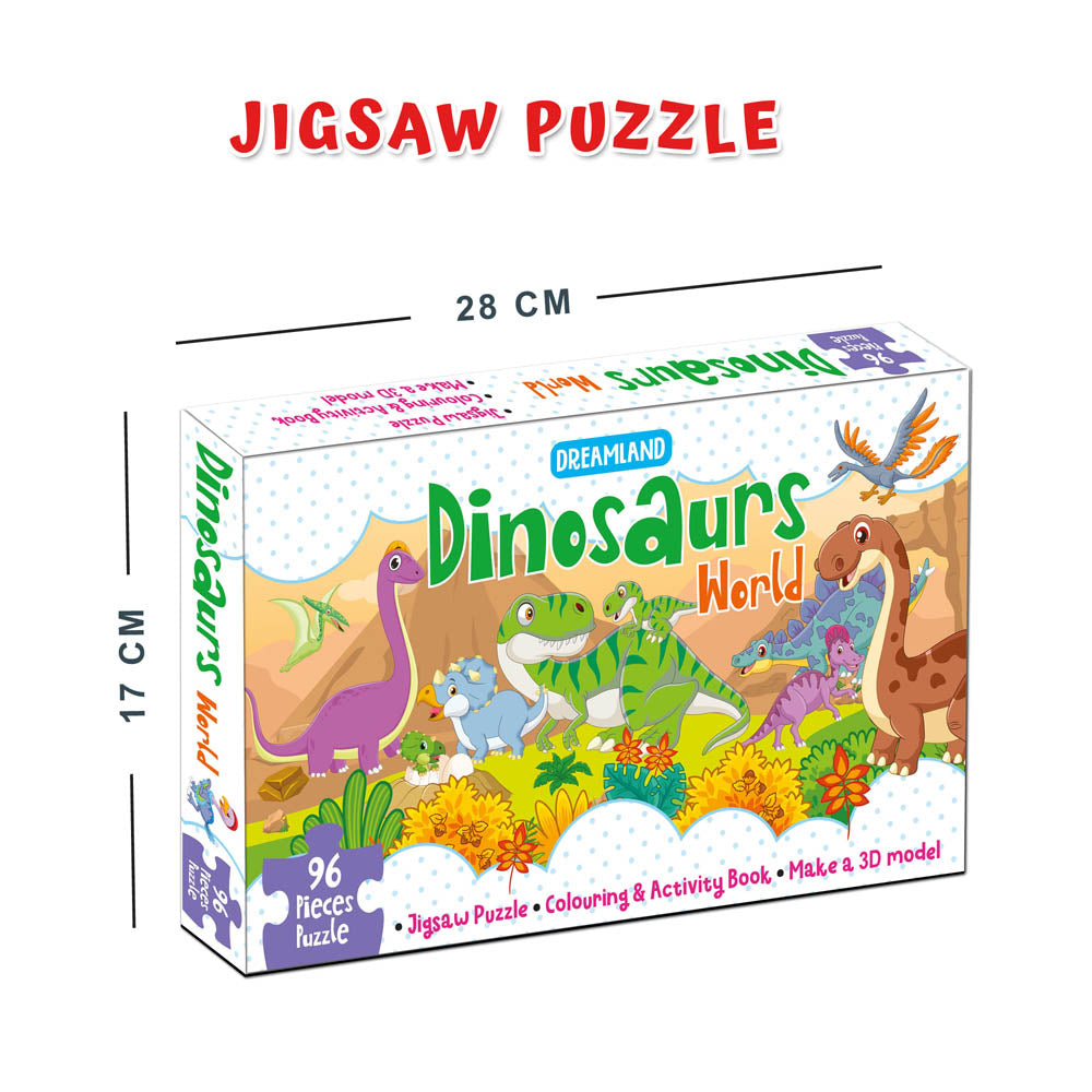 Dreamland Publications Dinosaurs World Jigsaw Puzzle for Kids – 96 Pcs | With Colouring & Activity Book and 3D Model | Grocsy