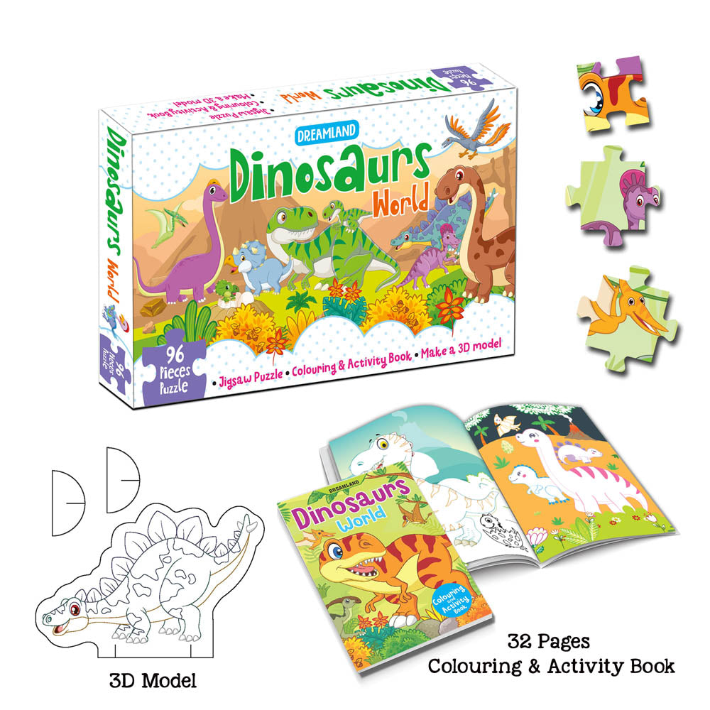 Dreamland Publications Dinosaurs World Jigsaw Puzzle for Kids – 96 Pcs | With Colouring & Activity Book and 3D Model | Grocsy