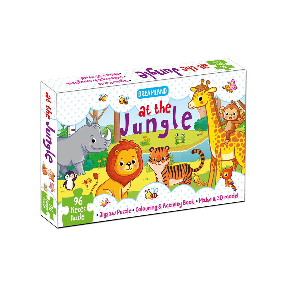 Dreamland Publications At the Jungle Jigsaw Puzzle for Kids – 96 Pcs | With Colouring & Activity Book and 3D Model | Grocsy