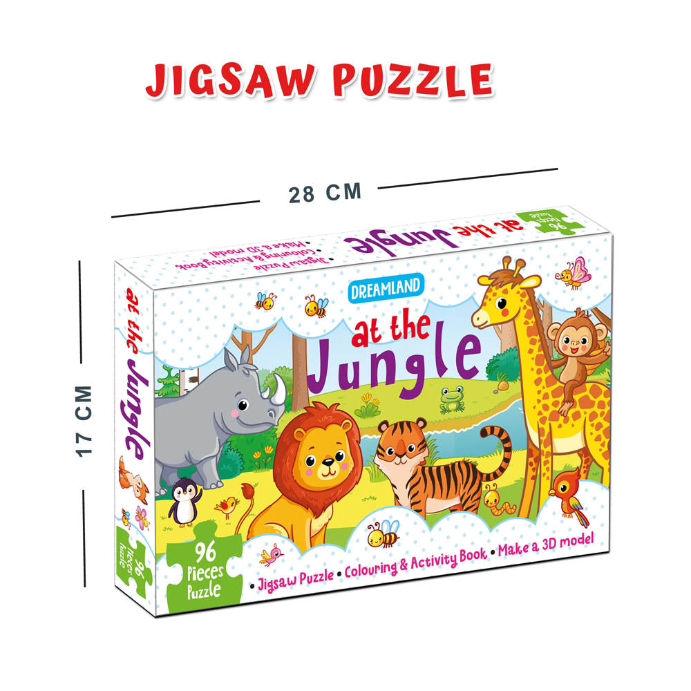 Dreamland Publications At the Jungle Jigsaw Puzzle for Kids – 96 Pcs | With Colouring & Activity Book and 3D Model | Grocsy