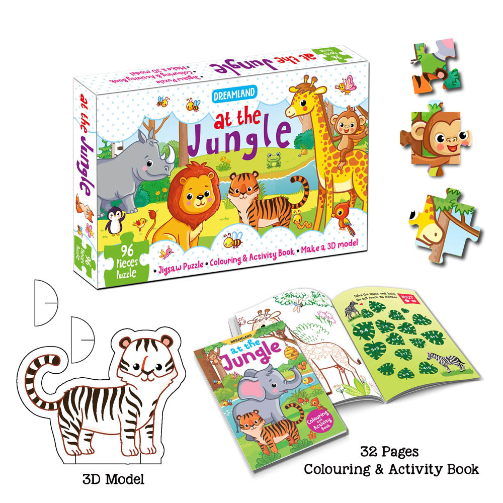 Dreamland Publications At the Jungle Jigsaw Puzzle for Kids – 96 Pcs | With Colouring & Activity Book and 3D Model | Grocsy