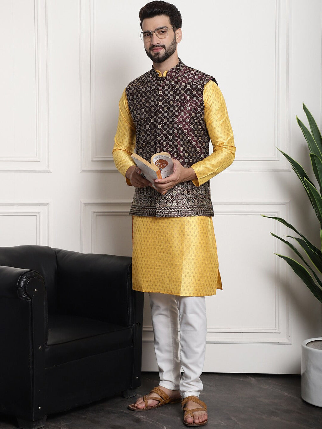 Sojanya Ethnic Motifs Printed Regular Kurta & Pyjamas With Nehru Jacket | Grocsy