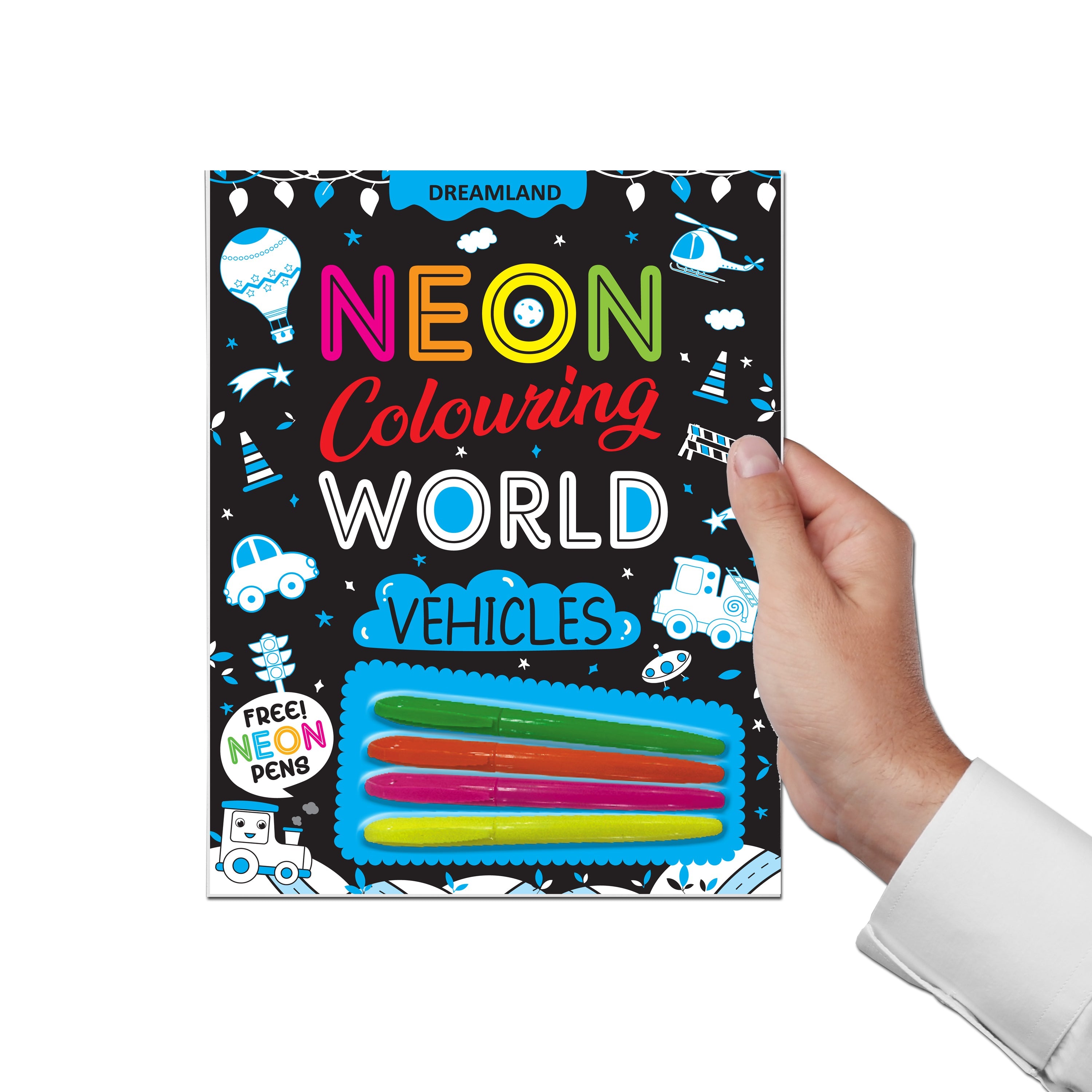 Dreamland Publications Vehicles Neon Colouring World Book for Kids Age 4 - 7 years with Neon Pens | Grocsy