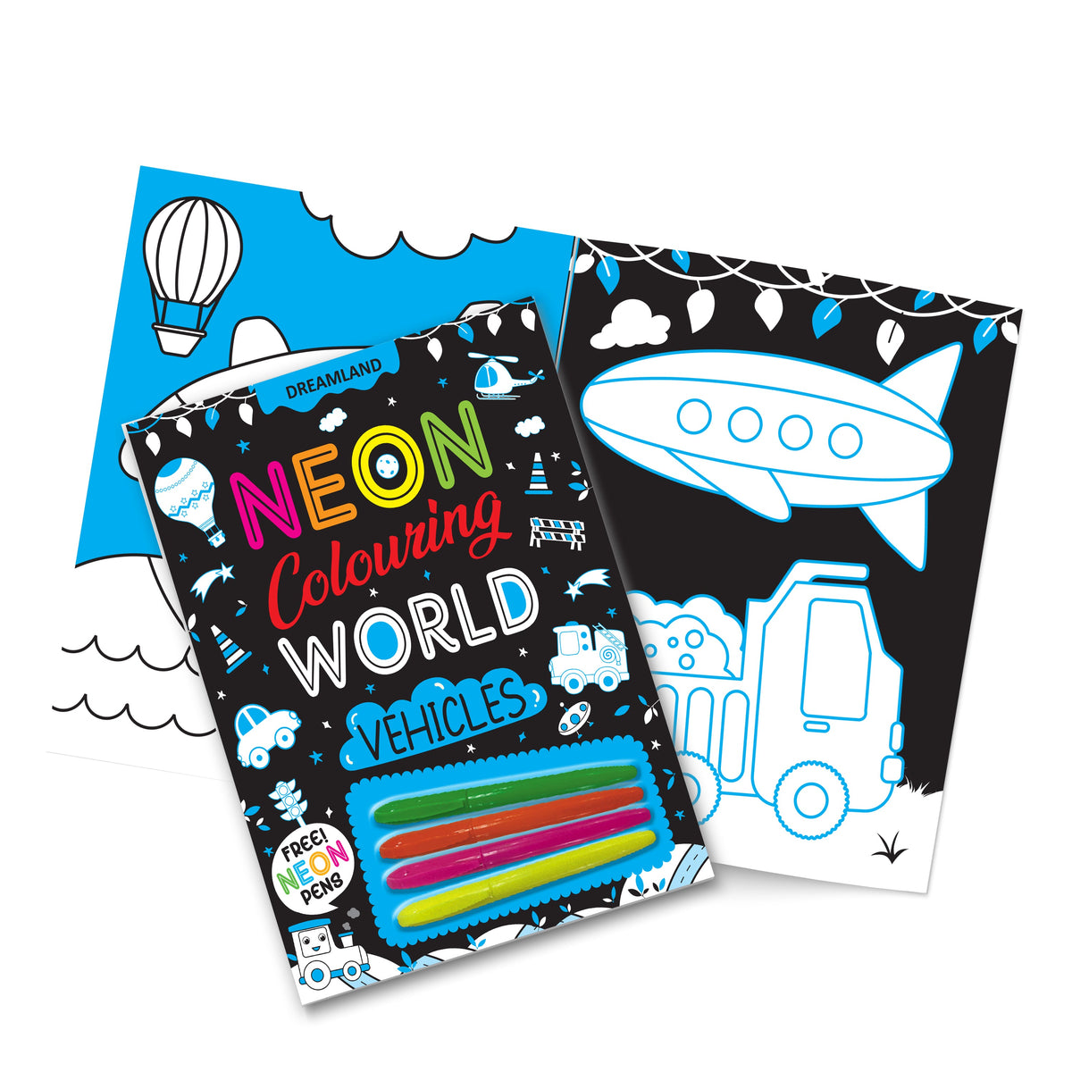 Dreamland Publications Vehicles Neon Colouring World Book for Kids Age 4 - 7 years with Neon Pens | Grocsy