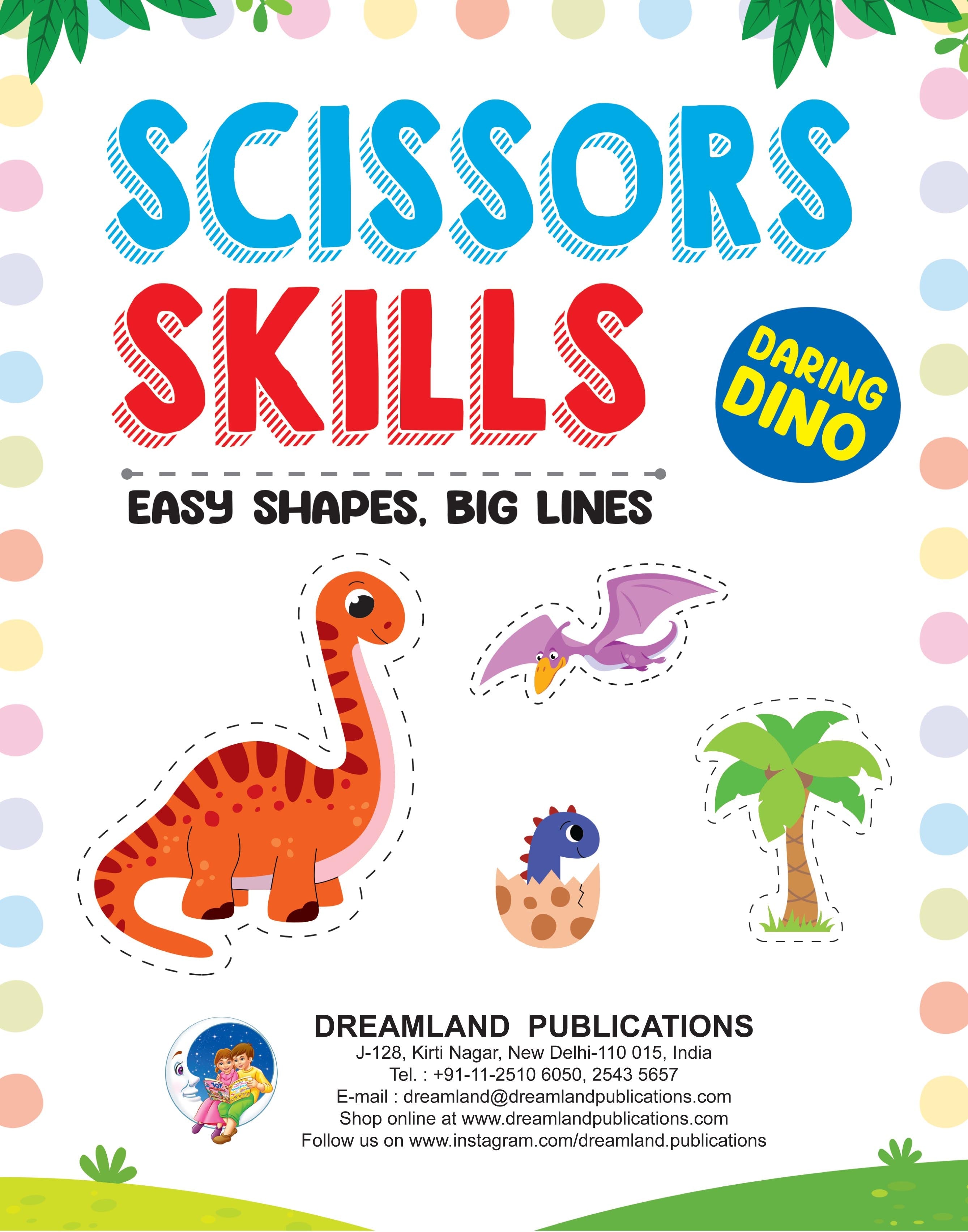 Dreamland Publications Daring Dino Scissors Skills Activity Book for Kids Age 4 - 7 years | With Child- Safe Scissors, Games and Mask | Grocsy