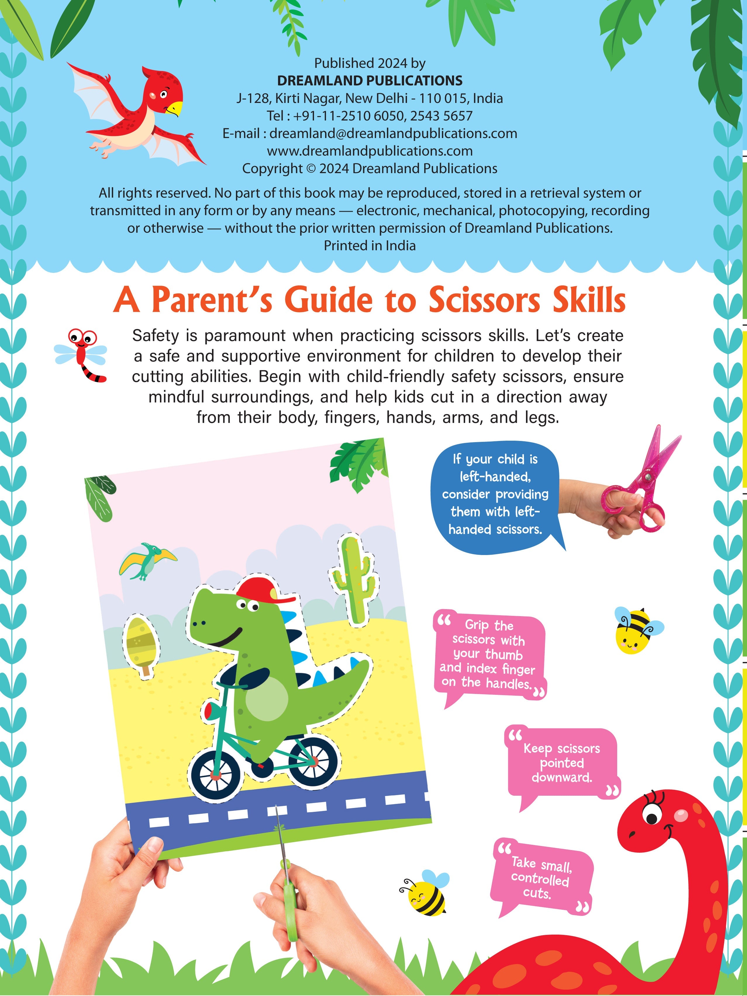 Dreamland Publications Daring Dino Scissors Skills Activity Book for Kids Age 4 - 7 years | With Child- Safe Scissors, Games and Mask | Grocsy