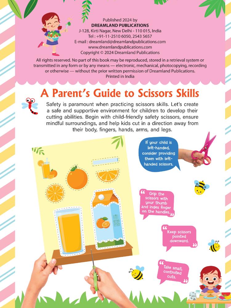 Dreamland Publications Tasty Foods Scissors Skills Activity Book for Kids Age 4 - 7 years | With Child- Safe Scissors, Games and Mask | Grocsy