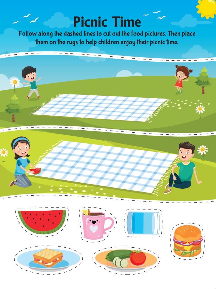 Dreamland Publications Tasty Foods Scissors Skills Activity Book for Kids Age 4 - 7 years | With Child- Safe Scissors, Games and Mask | Grocsy