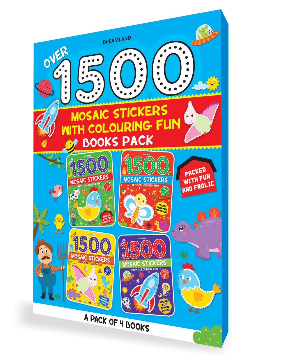 Dreamland Publications 1500 Mosaic Stickers with Colouring Fun Books Pack - A Set of 4 Books | Grocsy