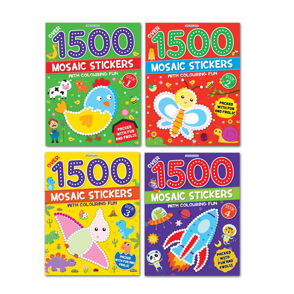Dreamland Publications 1500 Mosaic Stickers with Colouring Fun Books Pack - A Set of 4 Books | Grocsy