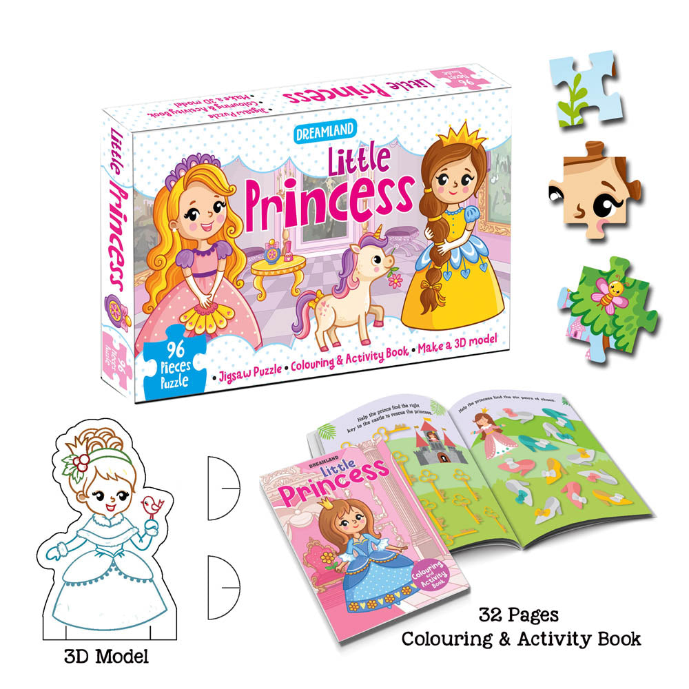 Dreamland Publications Little Princess Jigsaw Puzzle for Kids – 96 Pcs | With Colouring & Activity Book and 3D Model | Grocsy