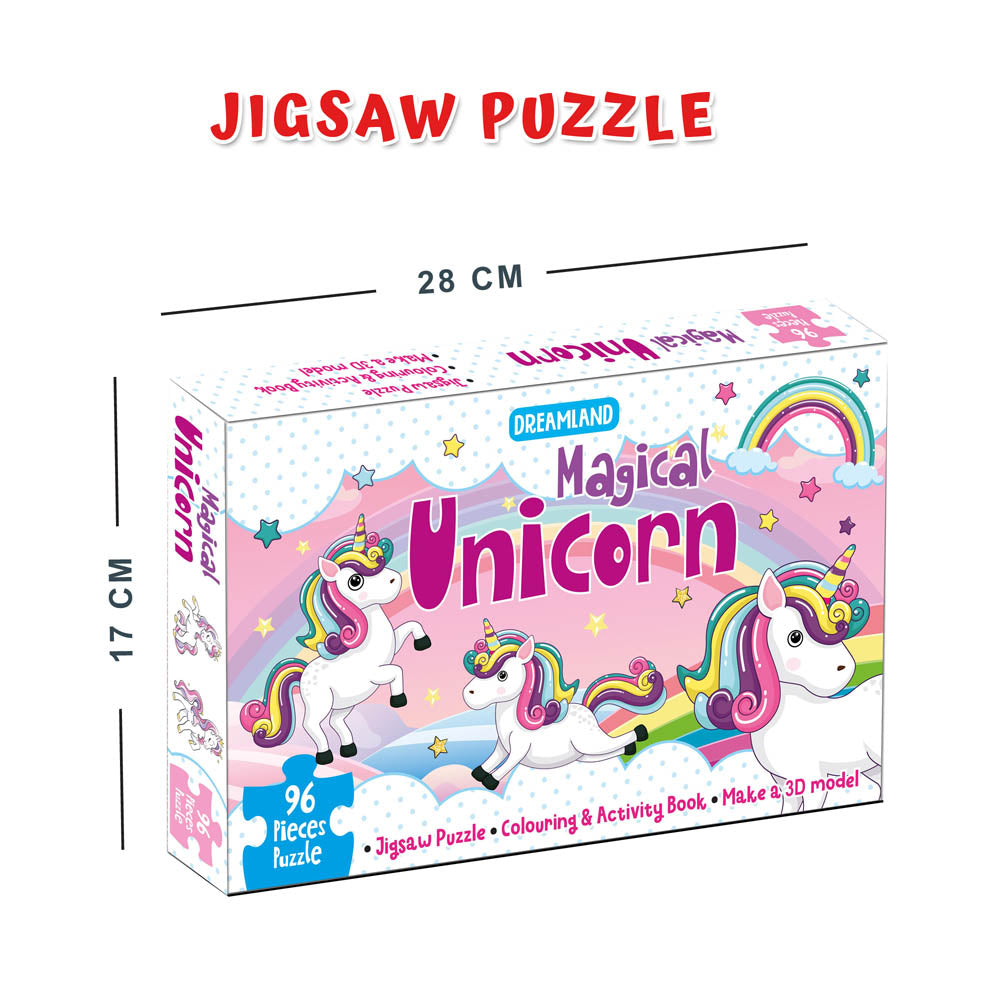 Dreamland Publications Magical Unicorn Jigsaw Puzzle for Kids – 96 Pcs | With Colouring & Activity Book and 3D Model | Grocsy