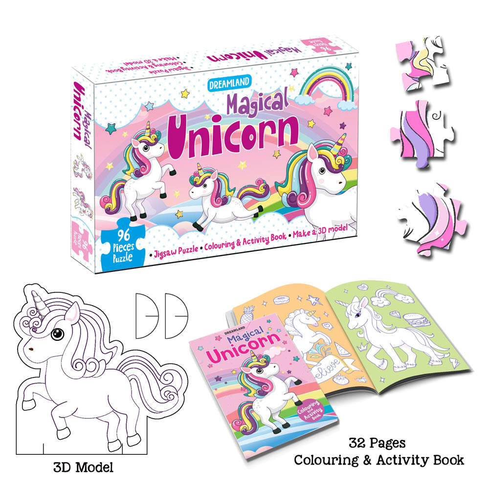 Dreamland Publications Magical Unicorn Jigsaw Puzzle for Kids – 96 Pcs | With Colouring & Activity Book and 3D Model | Grocsy