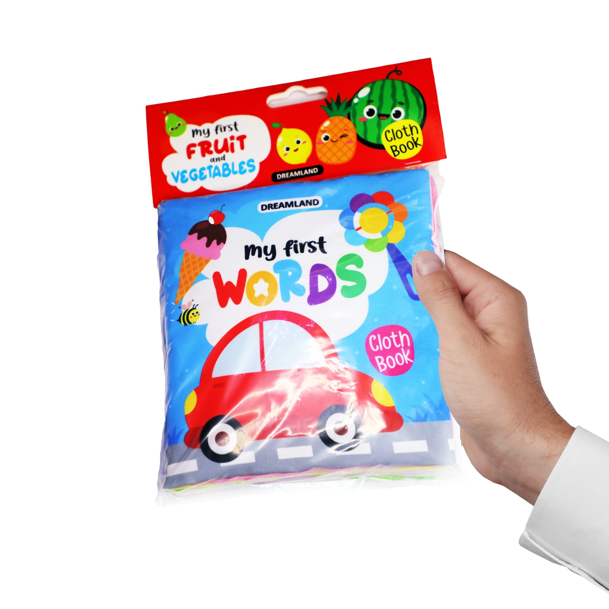 Dreamland Publications Baby My First Cloth Book First Words with Squeaker and Crinkle Paper, Non-Toxic Early Educational Toy for Toddler, Infants | Grocsy
