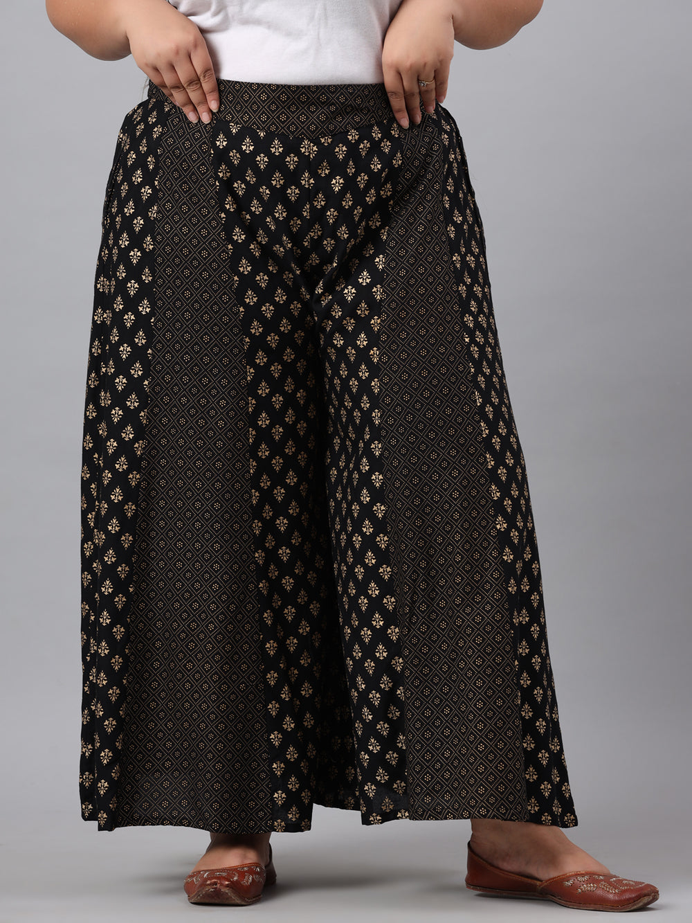 Juniper Women's Black Rayon Printed Flared Palazzo | Grocsy