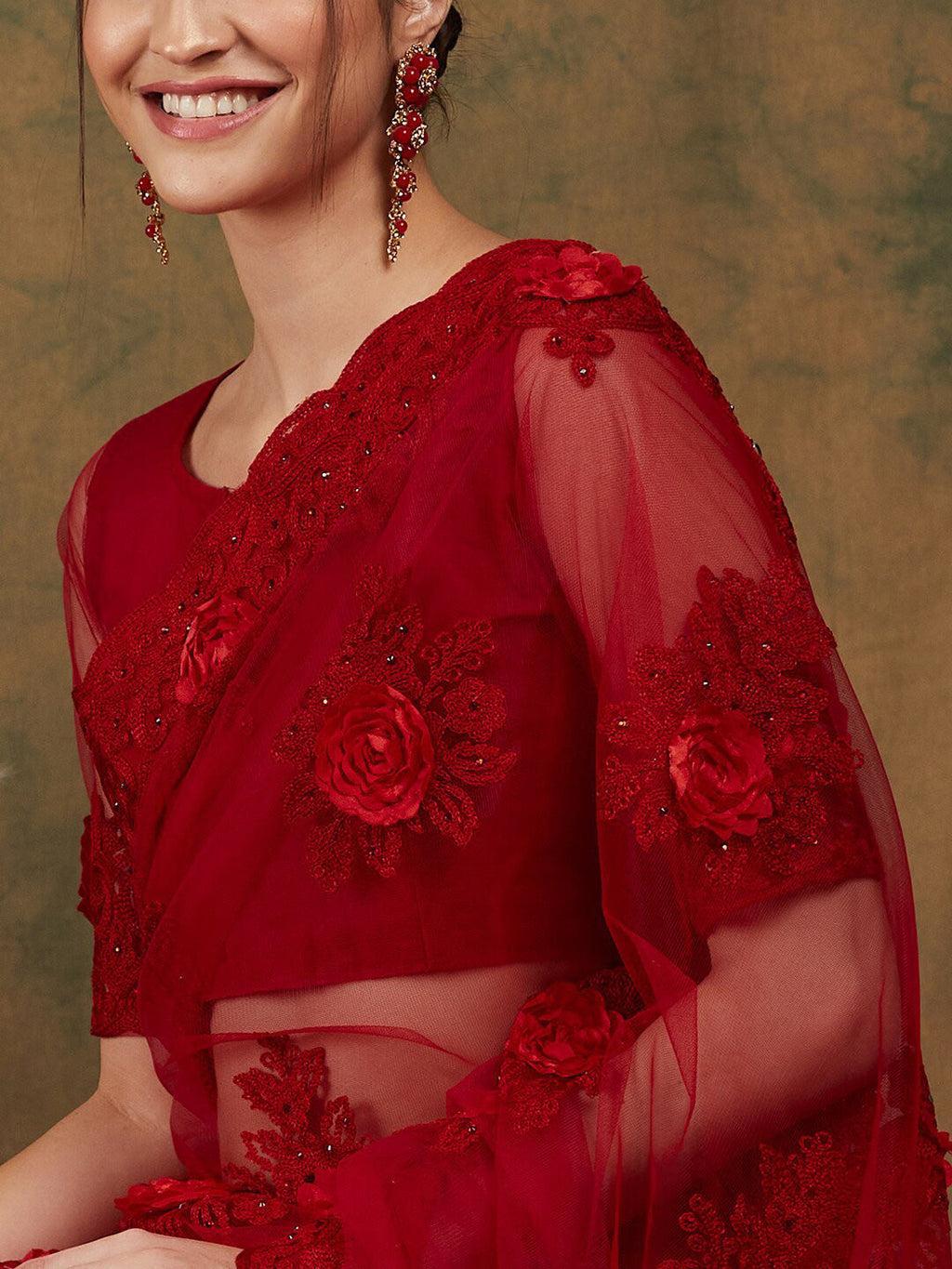 Sangria Red Floral Embroidered Saree | Grocsy