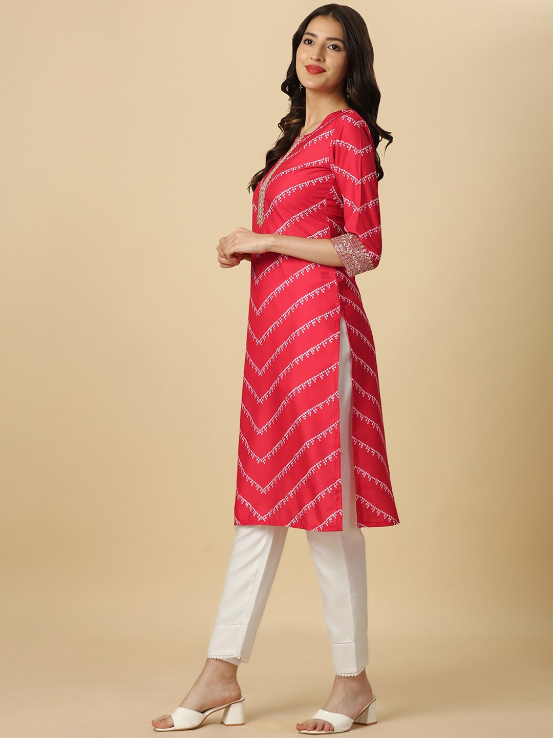 HERE&NOW Red & White Bandhani Printed Thread Work Kurta | Grocsy