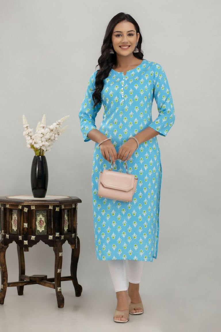 Alvano Printed Straight Kurta for Women and Girls Rayon (Lightblue) | Grocsy