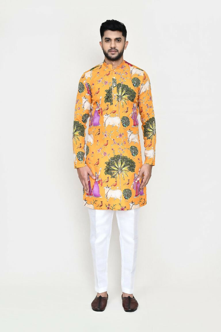 Joban Fashion White Colored Rayon Based With Modal Hand Print Work Fabric Kurta,Straight Fit Pant | Grocsy