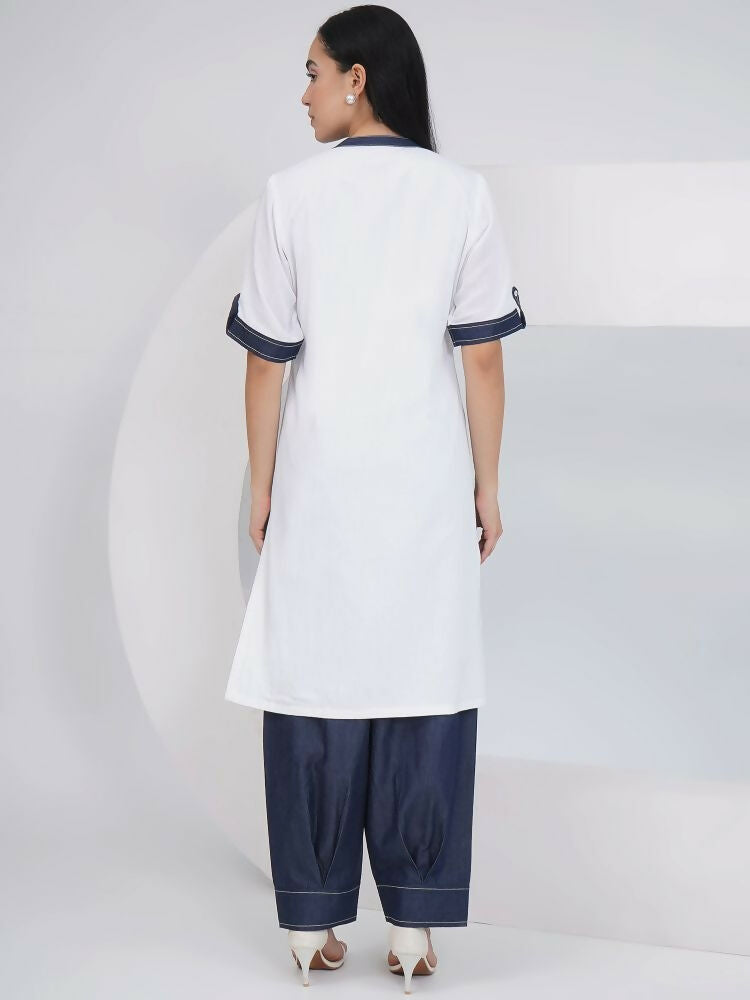 Joban Fashion White Rayon Crepe Applique Embroidered Shirt with Afghani Pants | Grocsy