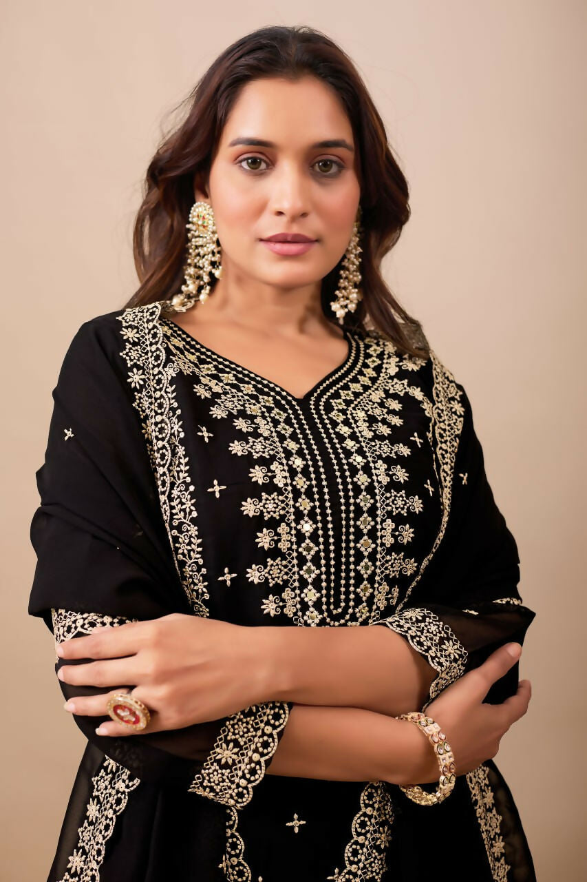 Joban Fashion Black Kurta Set Velvet Embroidery Sequence Work | Grocsy