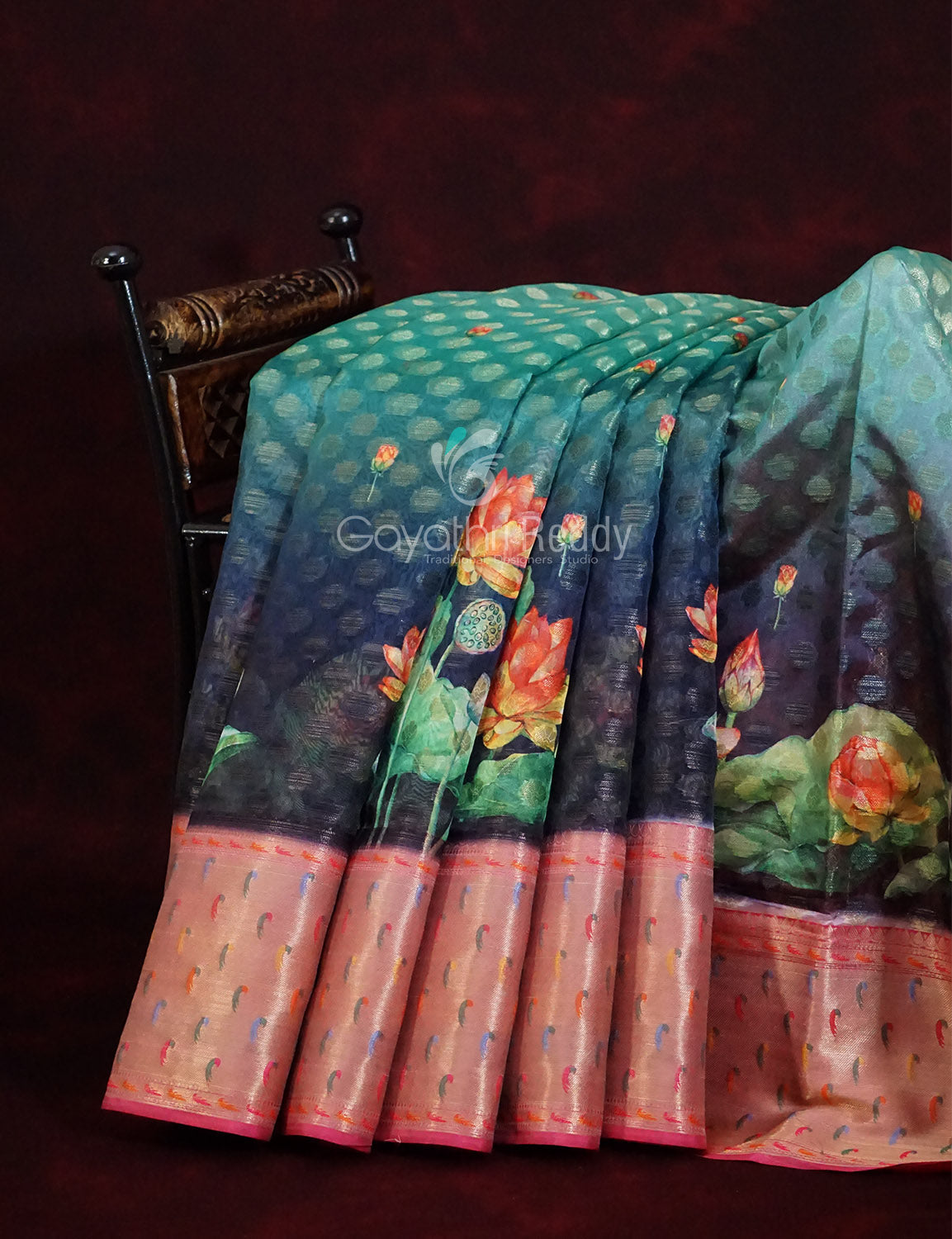 Green and Pink Banaras Border Floral Design Banarasi Semi Silk Saree By Gayathri Reddy Designer Studio | Grocsy