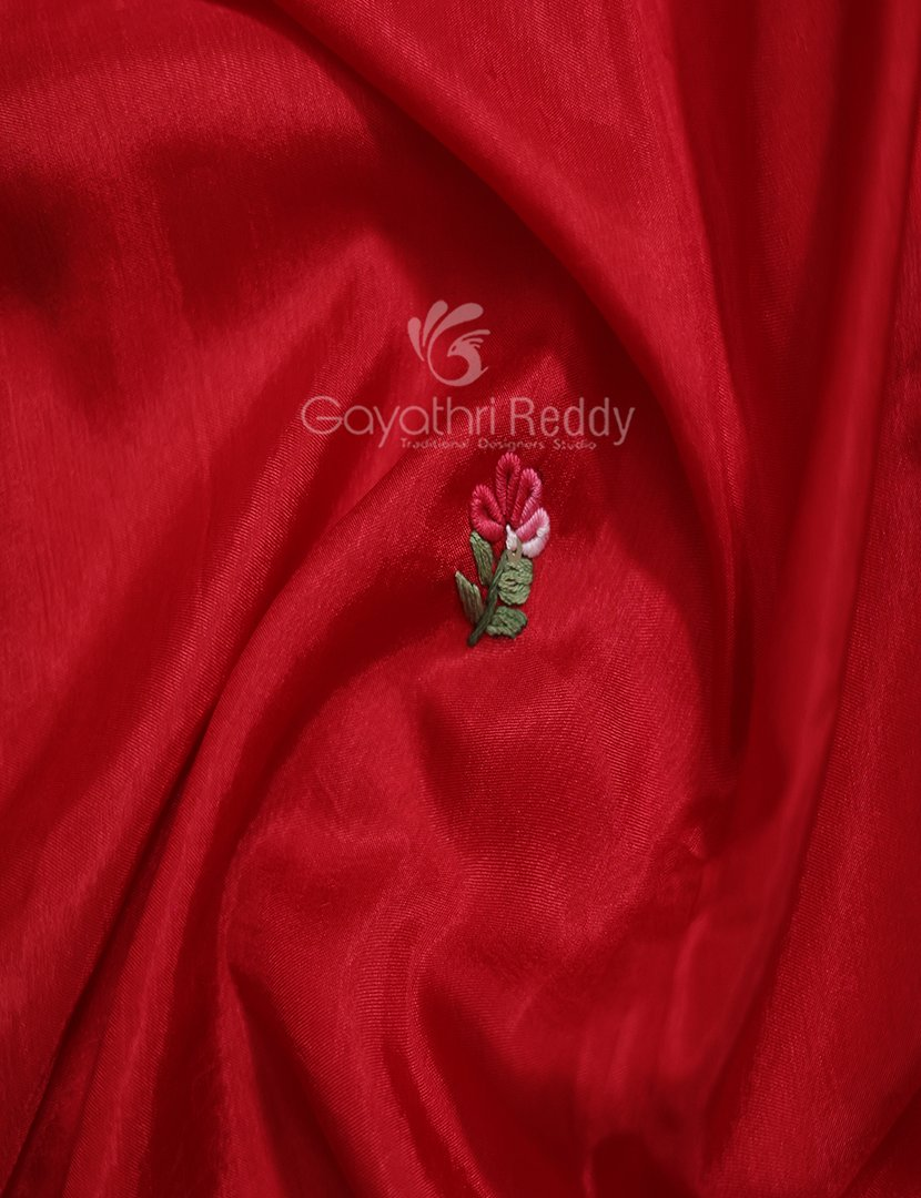 Vibrant Bright Red With Floral Motifs Pure Dola Silk Saree By Gayathri Reddy Designer Studio | Grocsy