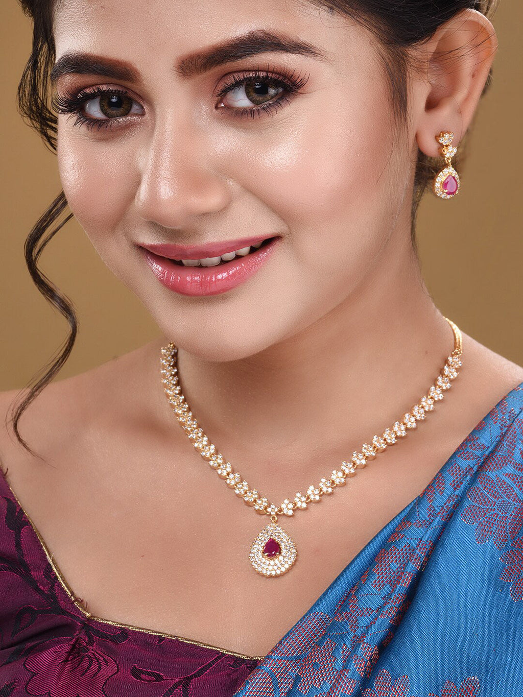 Saraf RS Jewellery Gold-Polished White & Red American Diamond Studded & Beaded Handcrafted Jewellery Set | Grocsy