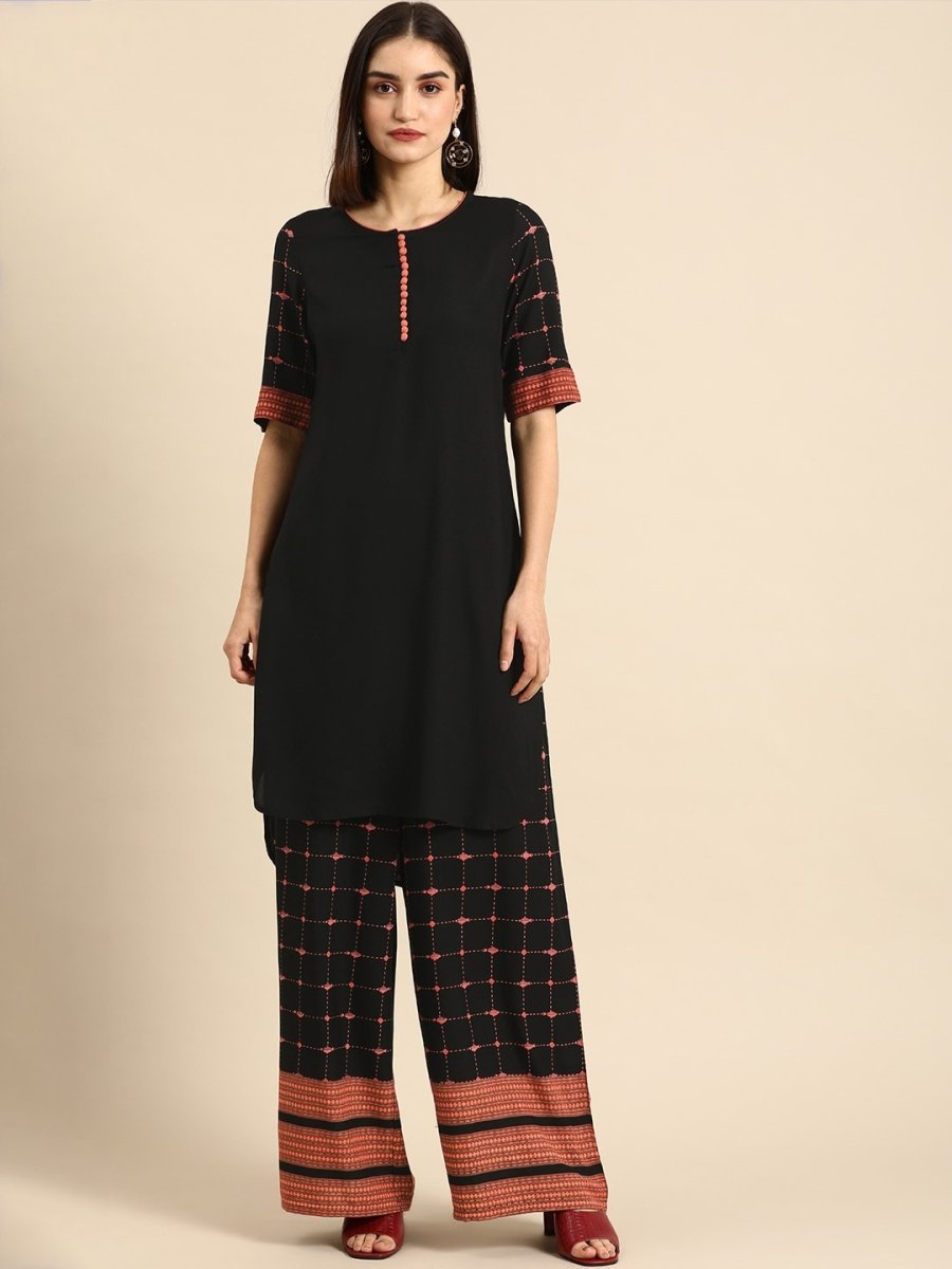 All About You Women Black & Pink Regular Round Neck Kurta with Palazzos | Grocsy