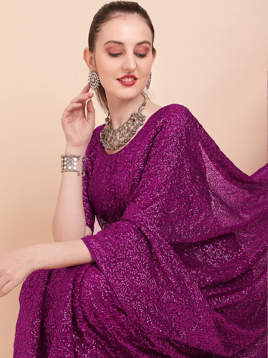 Sangria Sequinned Pure Georgette Party Saree | Grocsy