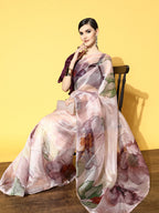 Tikhi Imli Pink & Mauve Floral Organza Saree | Grocsy