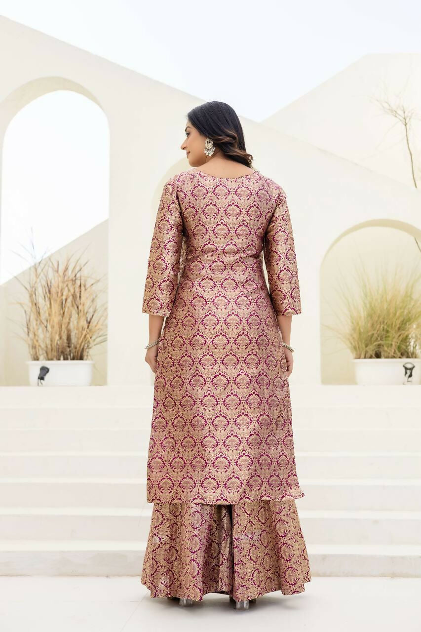 Joban Fashion Peach Jacquard Embroidered Sharara Set | Grocsy