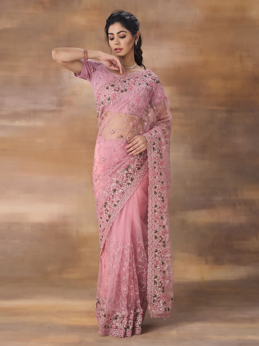kasee Floral Embroidered Net Saree With Blouse Piece | Grocsy
