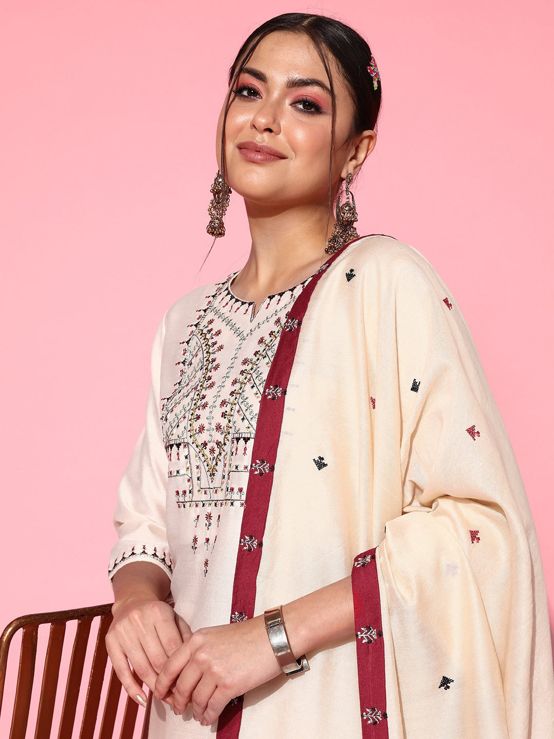 Sangria Women White Ethnic Motifs Embroidered Thread Work Kurta With Trousers & Dupatta | Grocsy