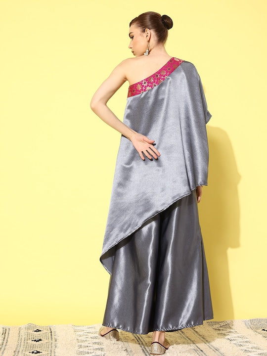InWeave Women's Grey Pink Brocade Satin Oneshoulder Kurta Set | Grocsy