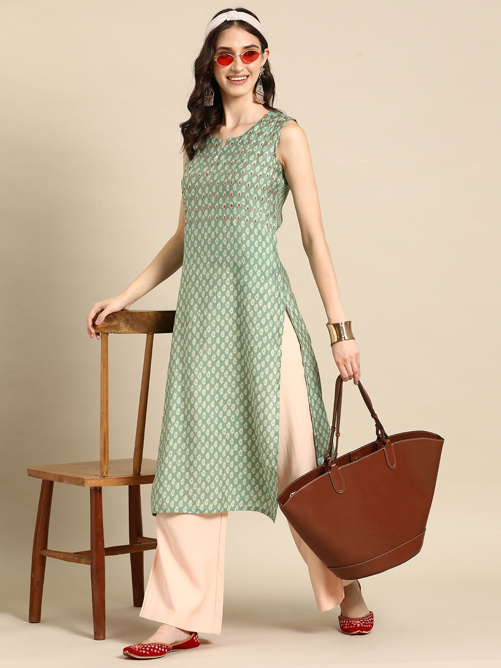 Sangria Women Ethnic Motifs Printed Thread Work Kurta | Grocsy