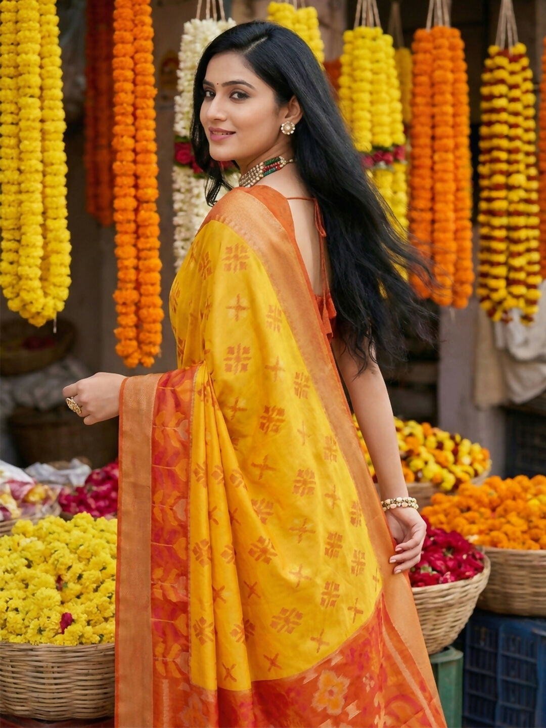 Shree Shyam Fashion Yellow Pochampally Silk Saree | Grocsy
