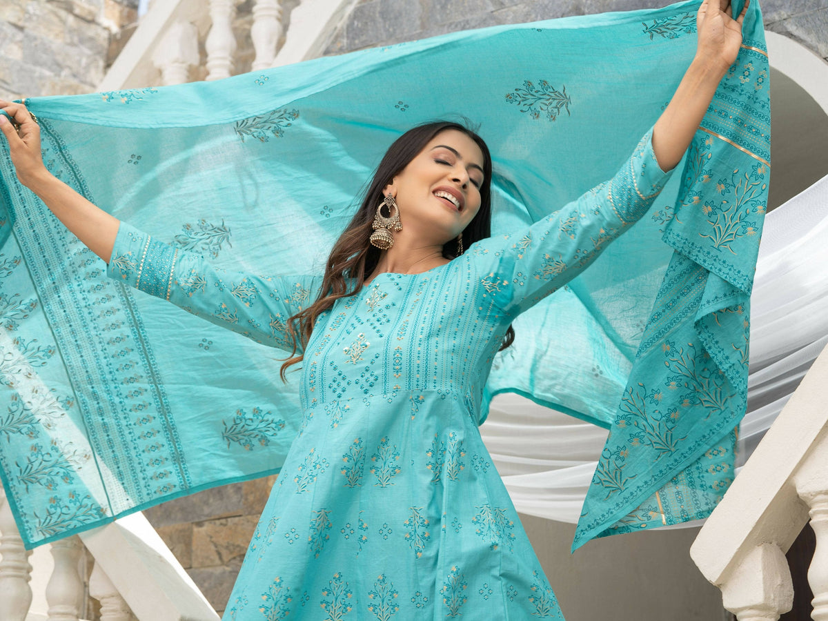 Sky Blue Cotton Cambric Printed with Sequins work Anarkali Kurta with Pant & Dupatta - Akashara | Grocsy