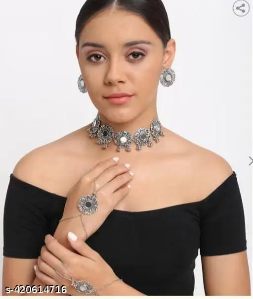 Tehzeeb Creations Women's Silver Plated Oxidised Necklace Set With Bracelet | Grocsy