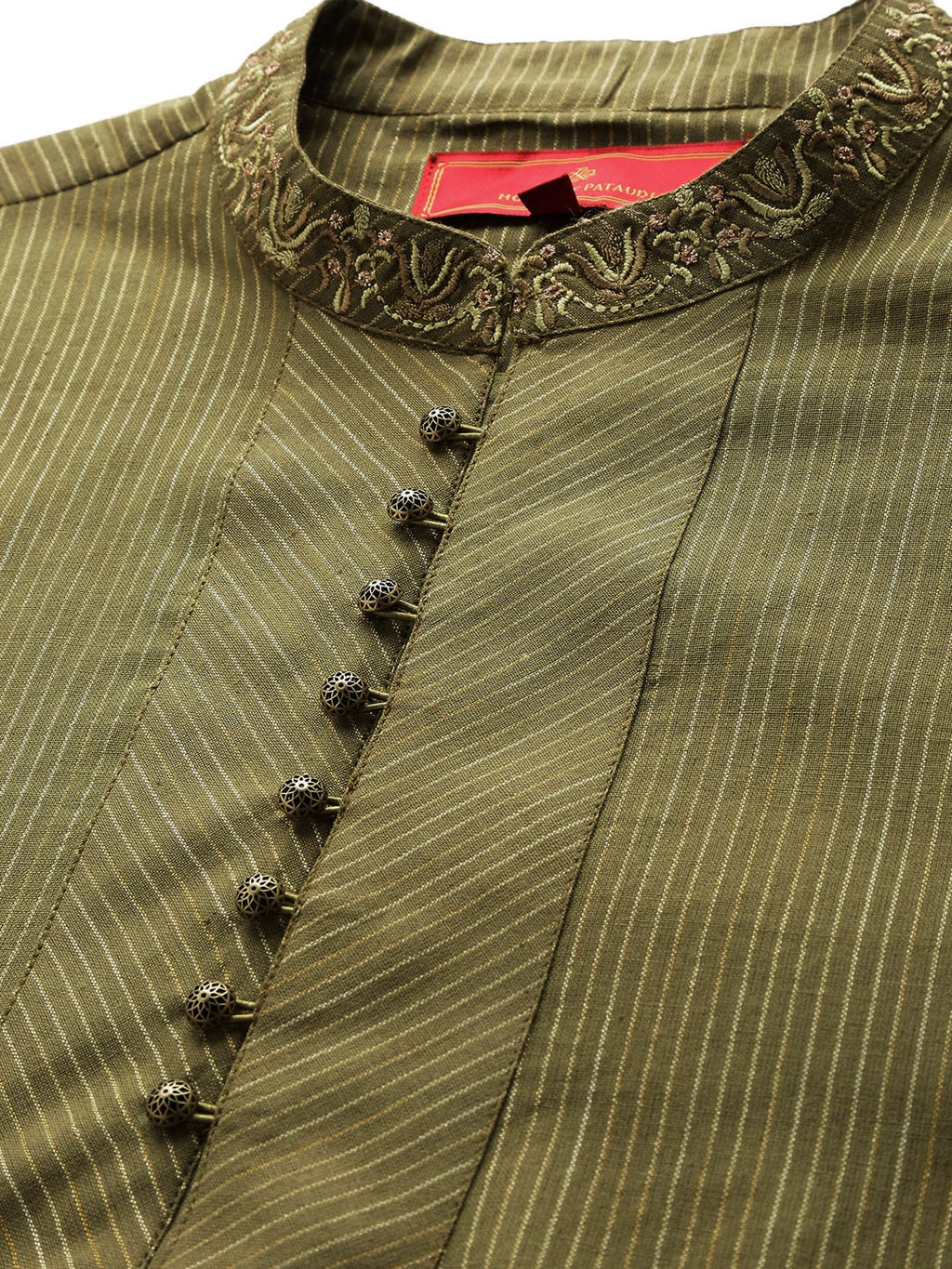 House of Pataudi Men Olive Green Striped Straight Kurta with Embroidered Detail | Grocsy